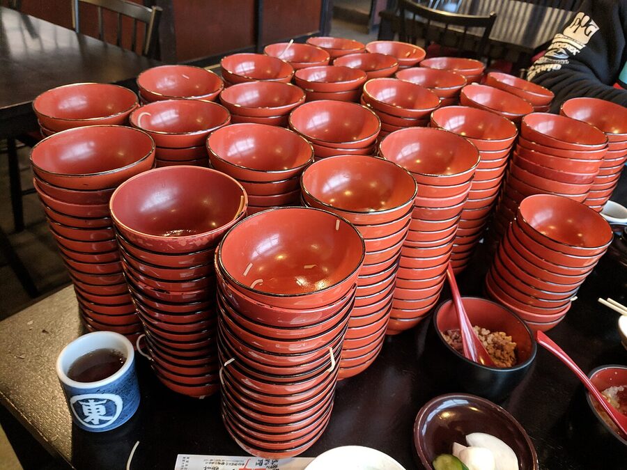 Wanko-soba small bowls of buckwheat noodles being served in succession, Morioka