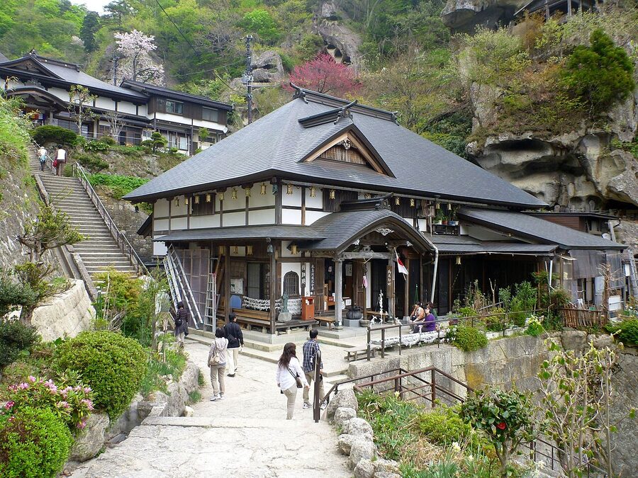 Risshakuji Yamadera mountain temple structures perched on cliff, Yamagata