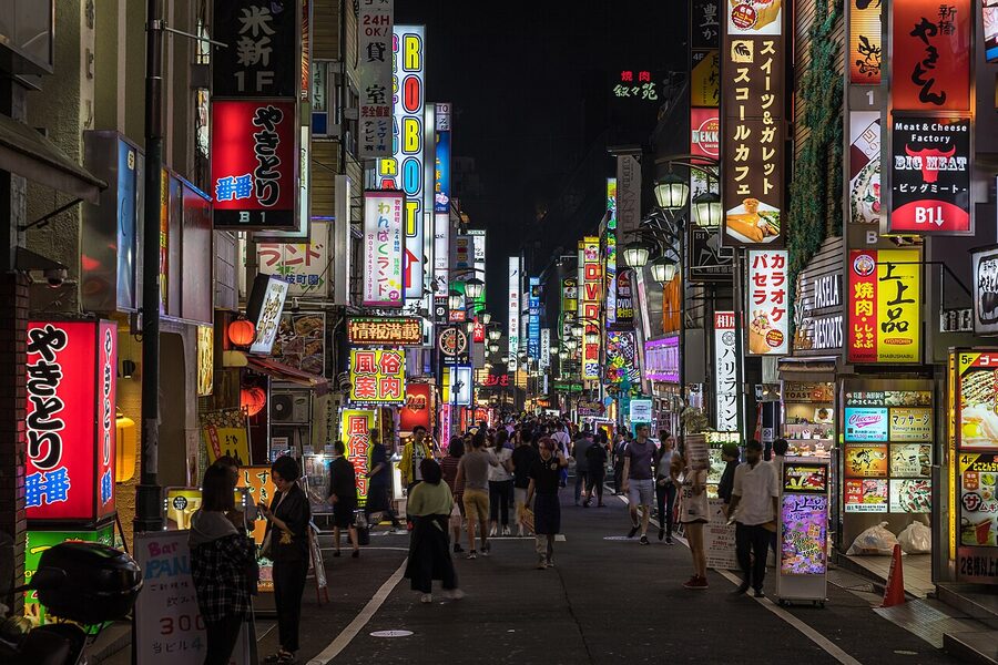 Kabukicho neon street signs at night Shinjuku