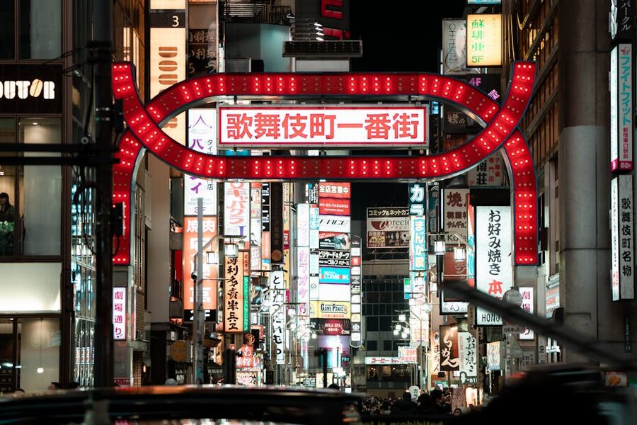 Neon-lit street in Shinjuku Tokyo