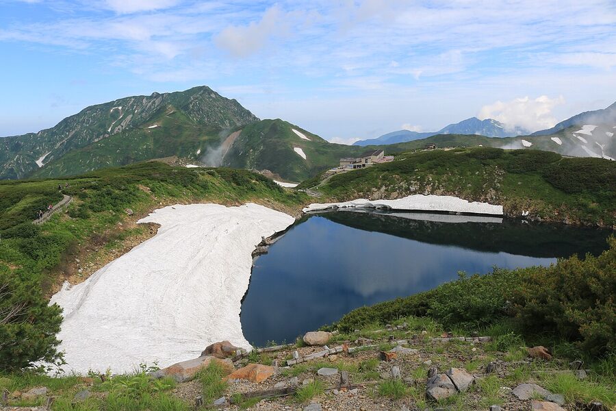 Mikurigaike crater pond reflecting the Tateyama range at Murodo
