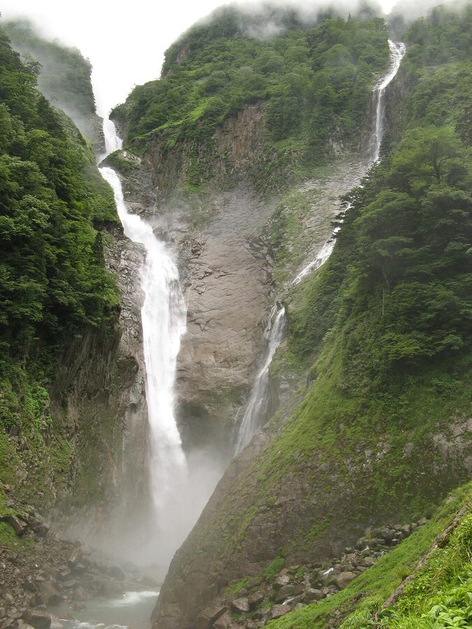 Shomyo Falls in spring snowmelt season with side cascades active