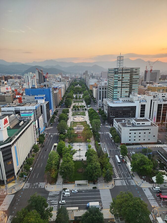 Odori Park in Sapporo seen from above with the TV Tower at the eastern end