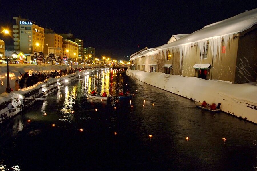 Otaru Yukiakari no Michi snow light path with candle lanterns along the canal