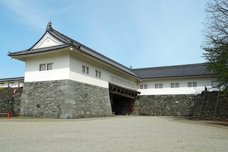 Yamagata Castle moat with cherry blossoms in spring