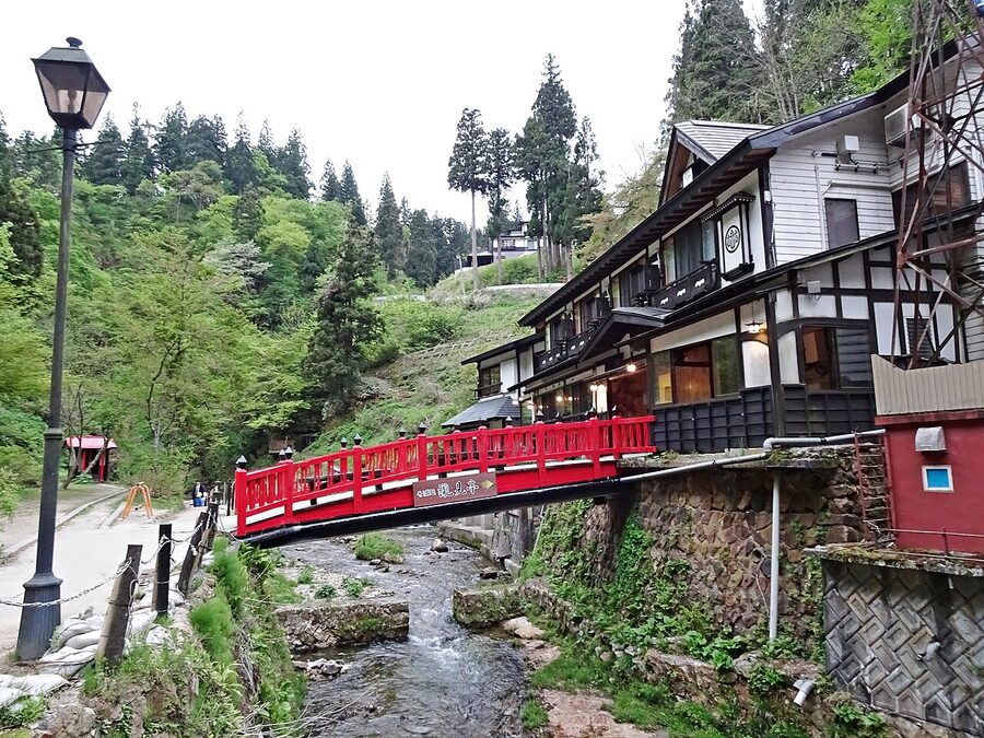 Takimi Bridge at Ginzan Onsen with the river running below