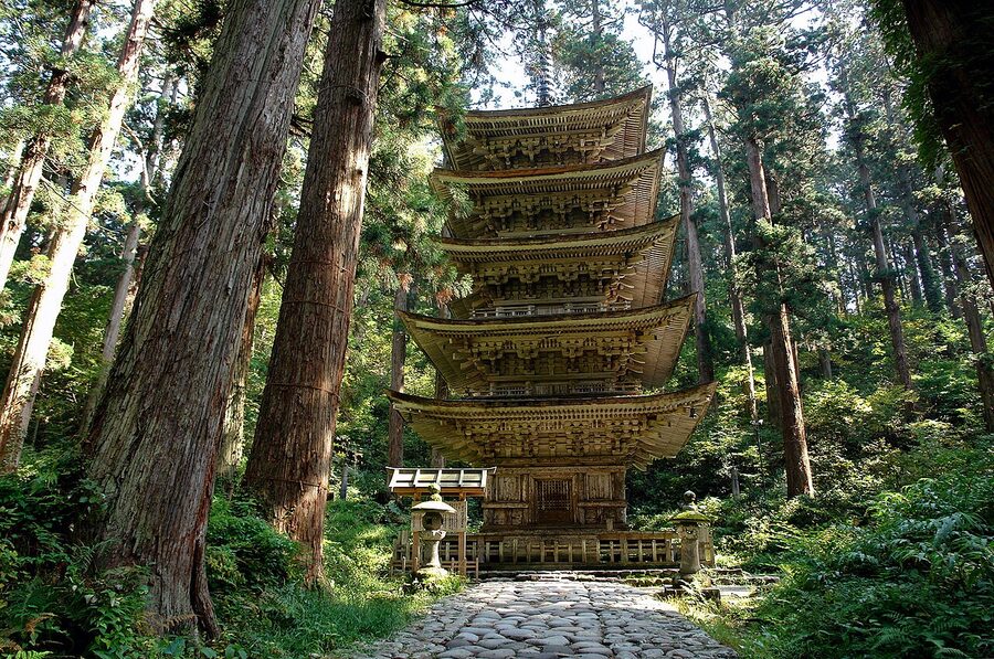 Mt Haguro five-storied pagoda from a distance