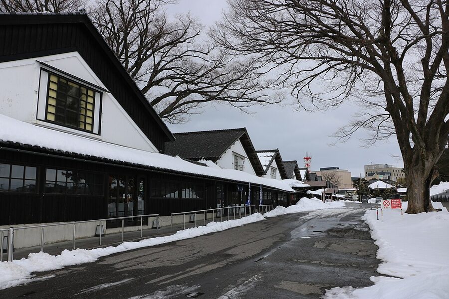 Sankyo rice warehouses in Sakata under winter snow