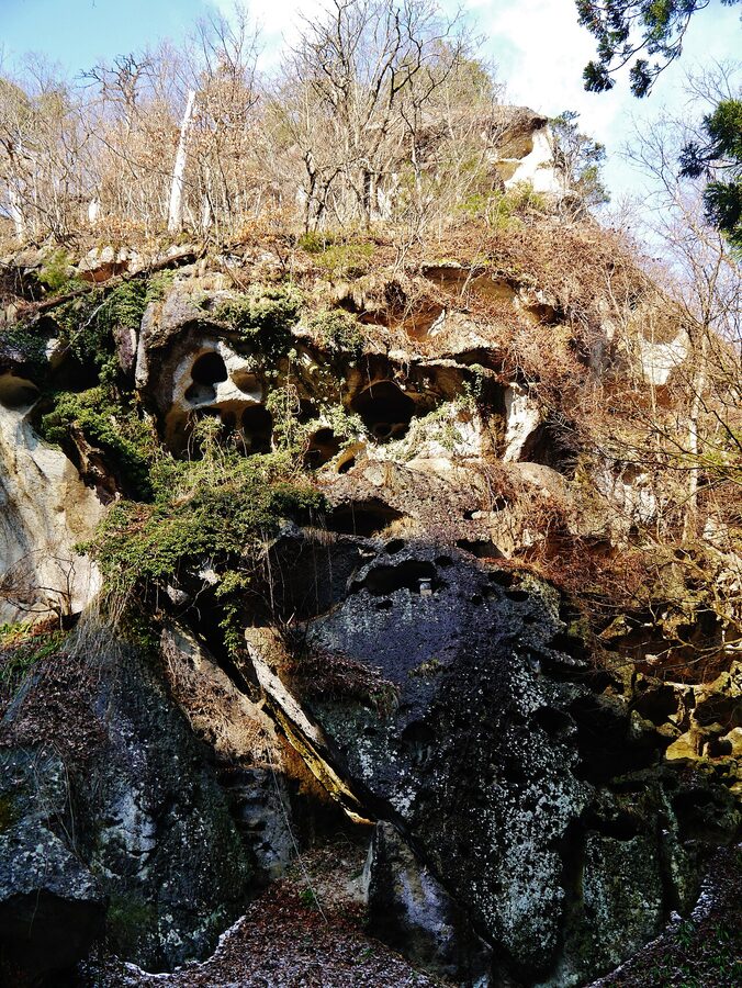 Cliff buildings at Yamadera viewed from the valley